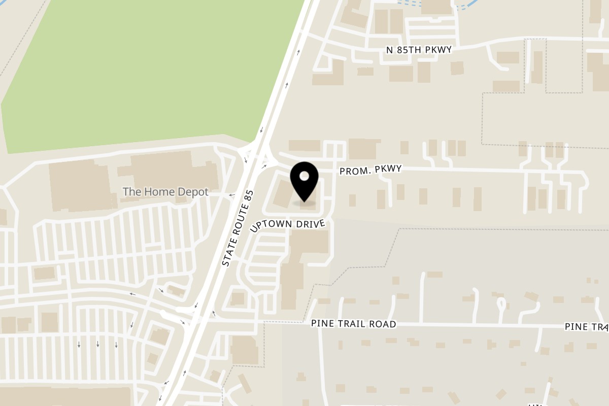 Map showing the location of Flair Food Restaurant and Bar on 115 Promenade Pkwy in Fayetteville